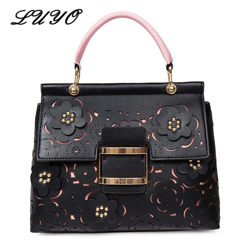 

LUYO Hollow Out Floral Leather Girls Shoulder Luxury Handbags Women Bags Designer Tote For Bag Crossbody Female Embroidery Beach