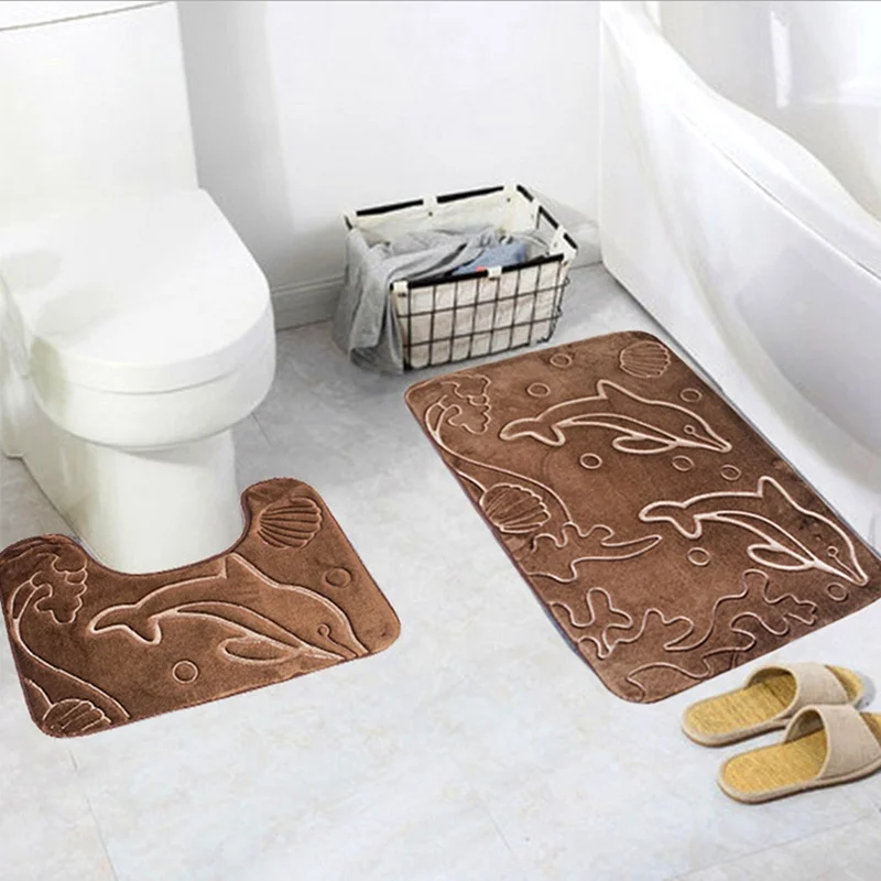 HOT 2PCS Bathroom Mat Set Dolphin Design Anti Slip Tap Mat Toilet