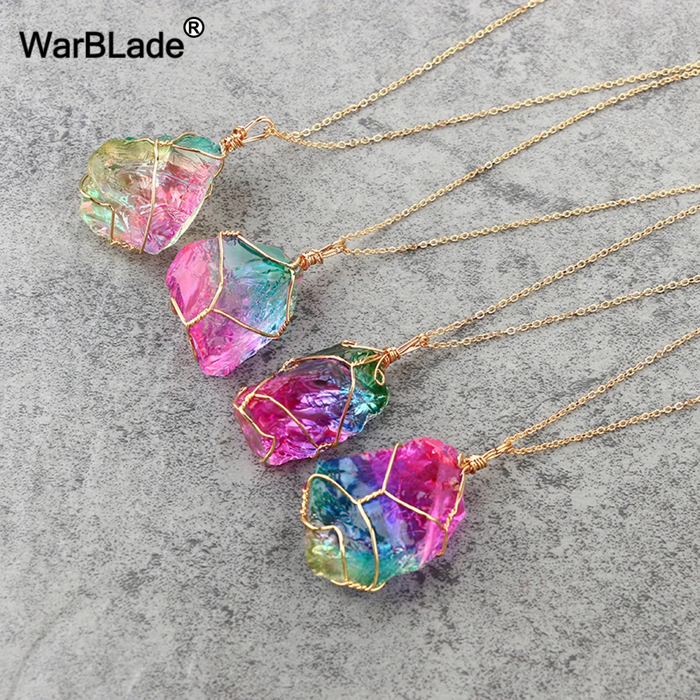 

WarBLade Natural Stone Rainbow Crystal Pendant Necklace Wire Wrapping Irregular Quartz Stone Necklaces For Women Jewelry Gift