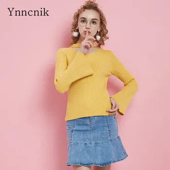 

Ynncnik High Quality Pullovers For Women Flare Sleeve Solid Sweater Skinny Preppy Pullovers Slim Spring Fall Knitwear S1002