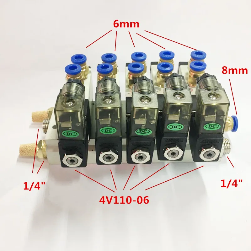 

1/8 Inch Airtac 4V110-06 5 Way 5 Solenoid Valve Connected Mufflers Base 6mm 8mm Quick Fittings Set DC 12V 24V AC 110V 220V