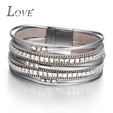 Fashion Crystal Multiple Layers Couple Bracelet Charm Silver Color Beads Leather Bracelets For Women Men Jewelry Bracelet Femme