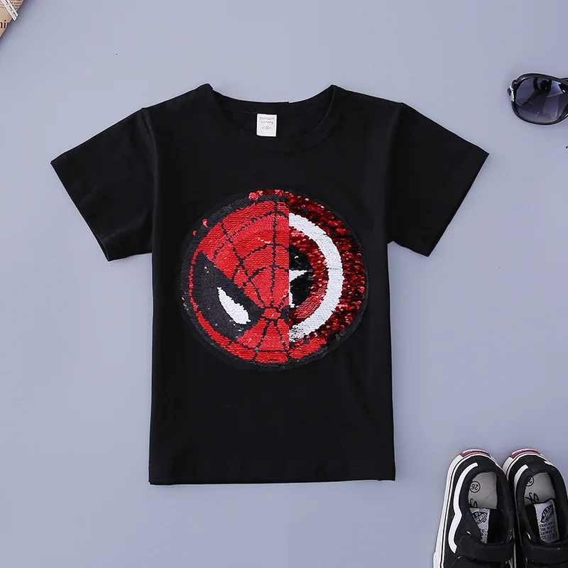 Changing color spiderman Captain America switchable sequins boys T-shirts kid fashion t shirt children tops clothes