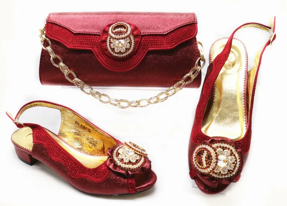 

Wine red italian shoes and bag matching set for african lady low heel sandal shoes and clucthes evening bag wine red SB8271-7