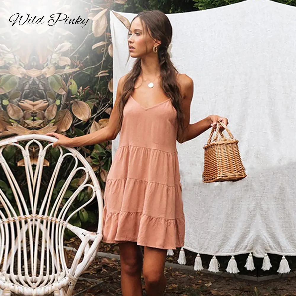 

WildPinky Summer Bohemia Dress Spaghetti Strap Peplum Dress Women V Neck Backless Sexy Dress Chic Backless Beach BOHO Vestidos