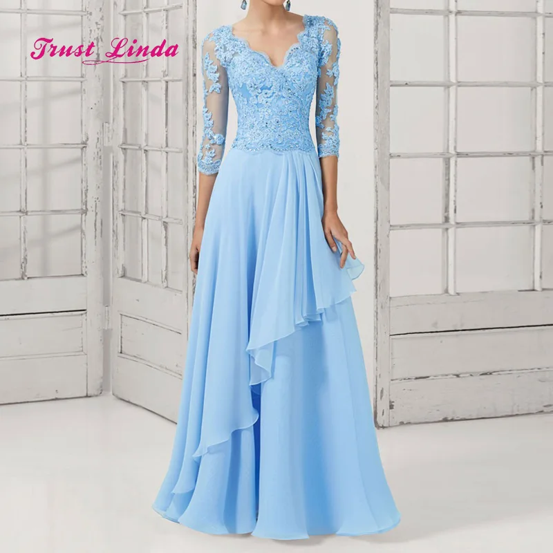 Платье для матери невесты с аппликацией длинное платье с v-образным вырезом и короткими рукавами для матери жениха Vestidos De Madrina Largo - Цвет: Синий