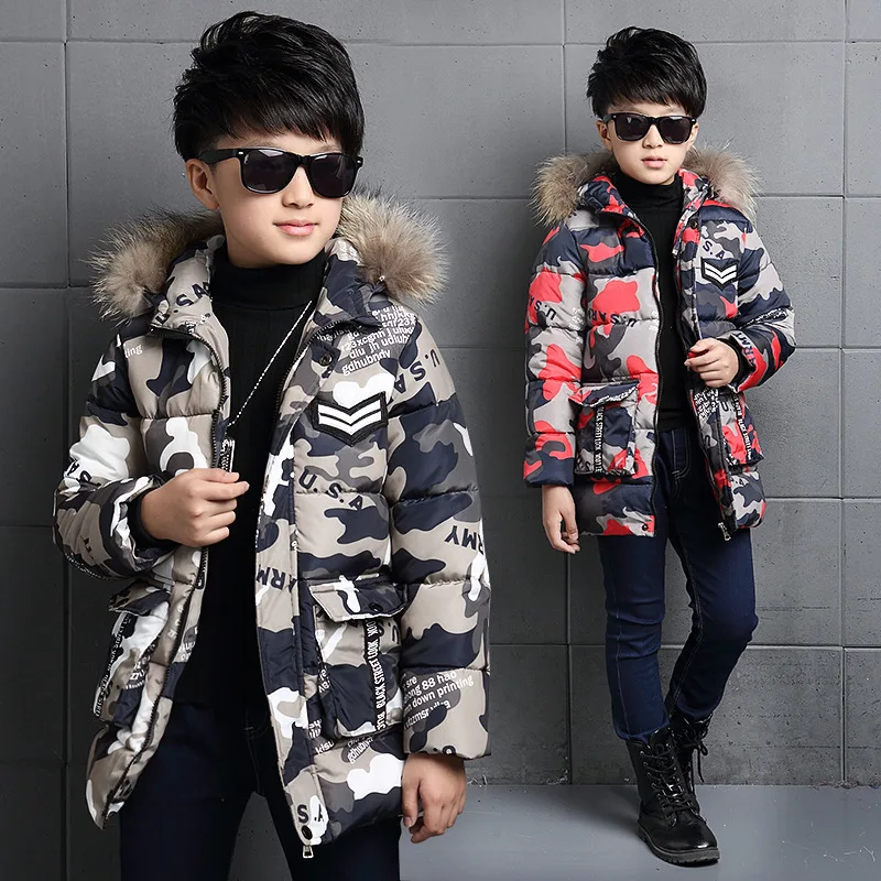 

Boys Winter Jacket Camouflage Coats Hooded Down coat Fur Collar Overcoat Cotton Snowsuit Teenages Outerwear WUA791702