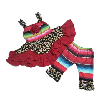 

High quality red leopard outfits baby girls fashion dress top rainbow stripe pants 2 pieces sets children clothing