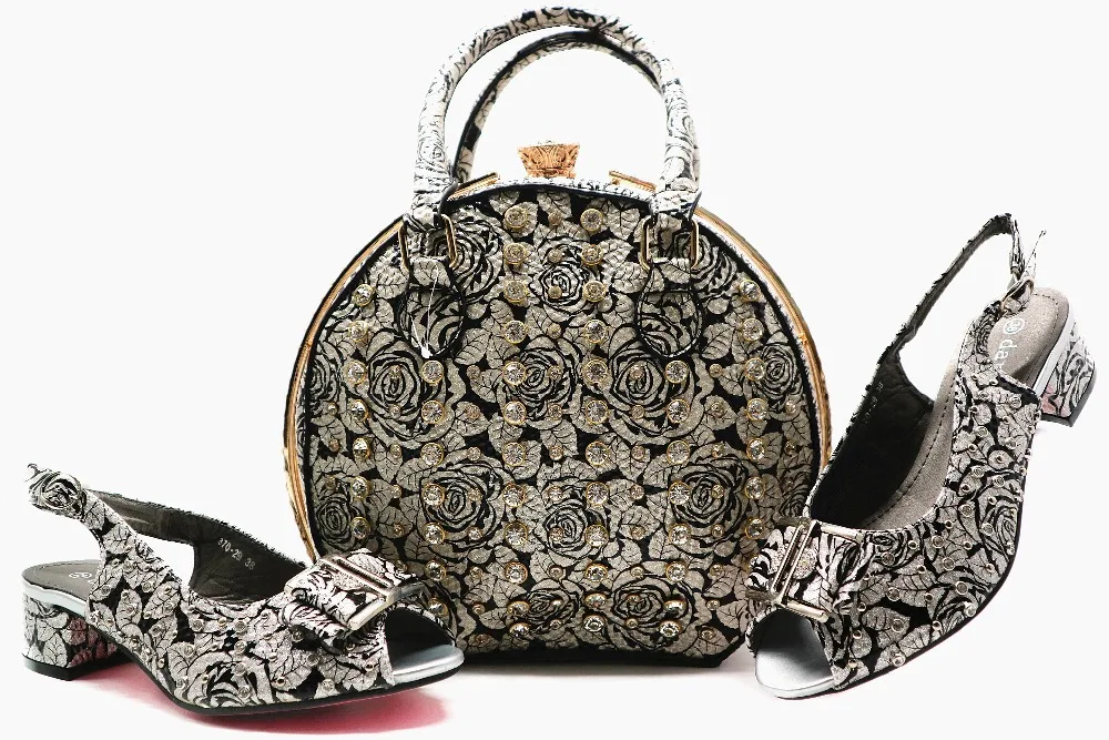 

Silver elegant rose pattern big handbag matching sandal shoes low heel 4.5cm for daily life fashion shoes and bag set SB8136-2