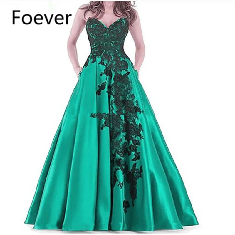 Satin Lace Appliques Sweetheart Long Plus Size Emerald Green Evening ...