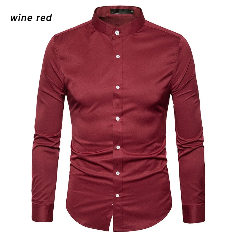 5 цветов Мужская Мода Стенд ошейник с длинным рукавом Pure Цвет Slim Fit рубашки