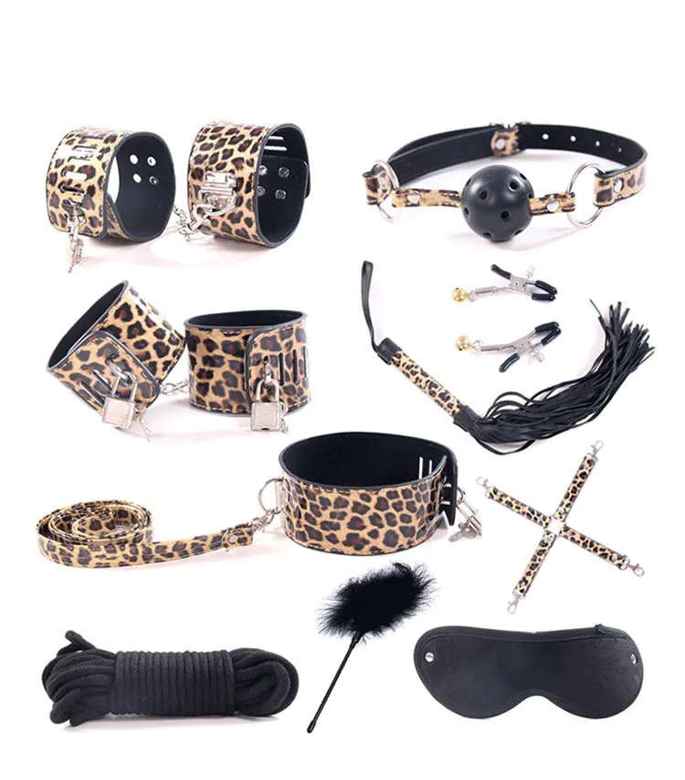 

Chastity Lock Leopard Print leather Flirt seven sets of combination PU Leather Handcuffs Whip Collar Erotic Toy