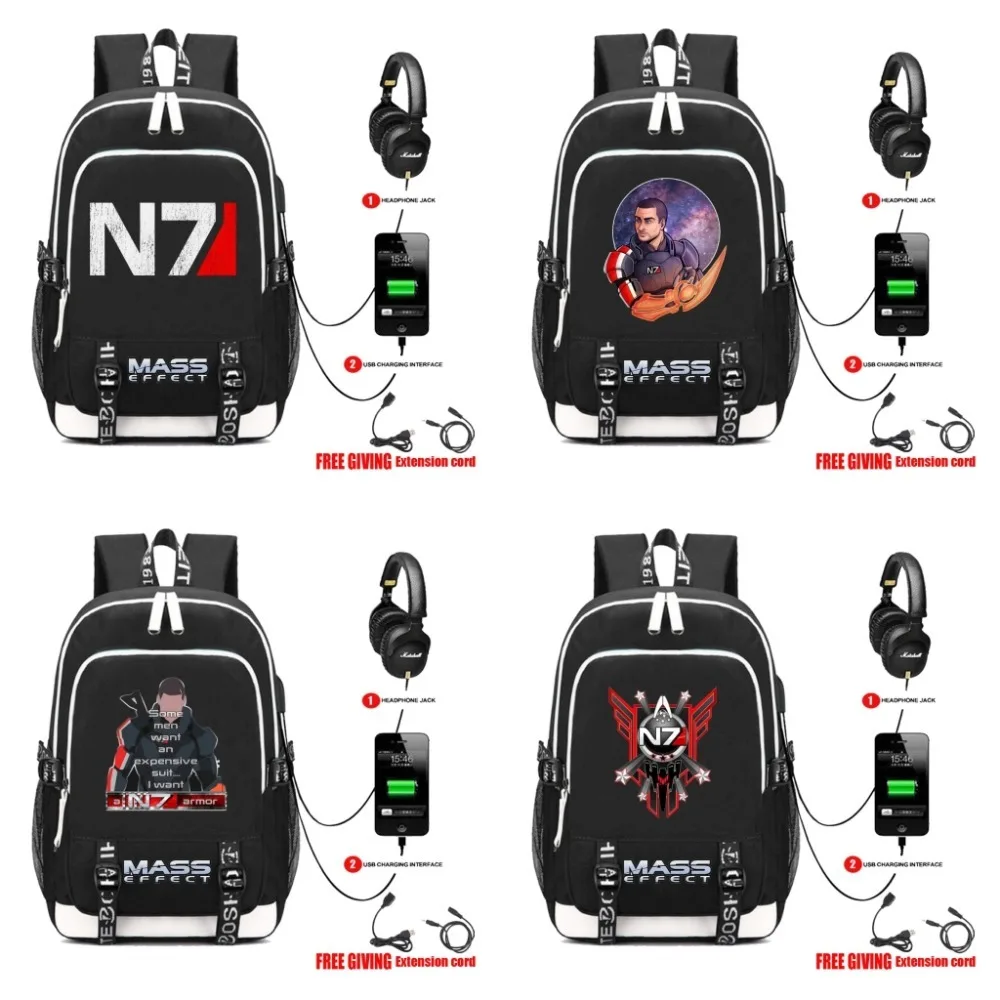 

Game Mass Effect 3 N7 backpack USB Charge teenagers School Bags Men women travel Shoulder Bag boys girl Laptop Bag 9 style