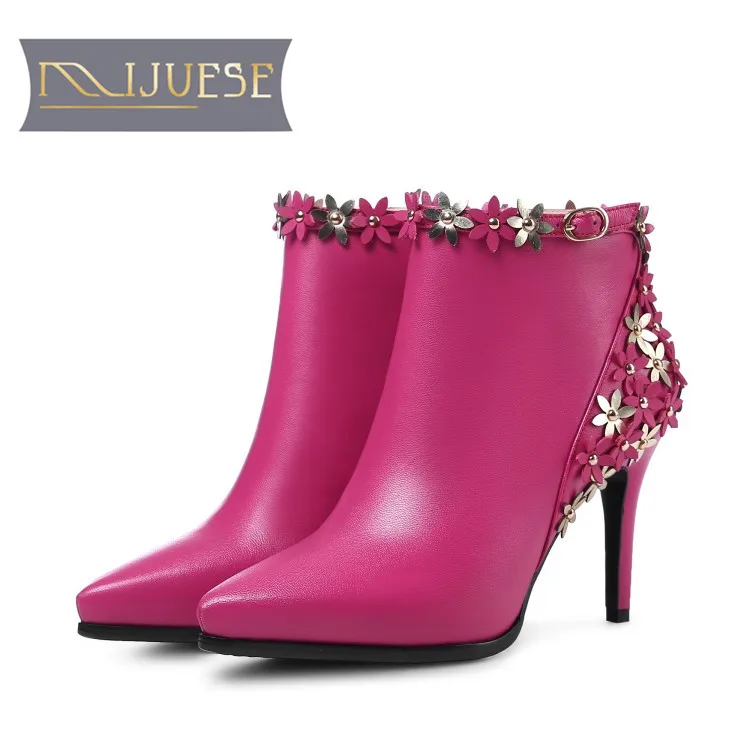 

MLJUESE 2019 women ankle boots cow leather flowers Rome style spike heel high heels boots winter short plush warm boots