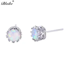 Blaike очаровательный белый/синий огненный опал Корона Серьги гвоздики для женщин 925 пробы заполненный серебром 6 мм маленькая круглая серьга с камнем-талисманом