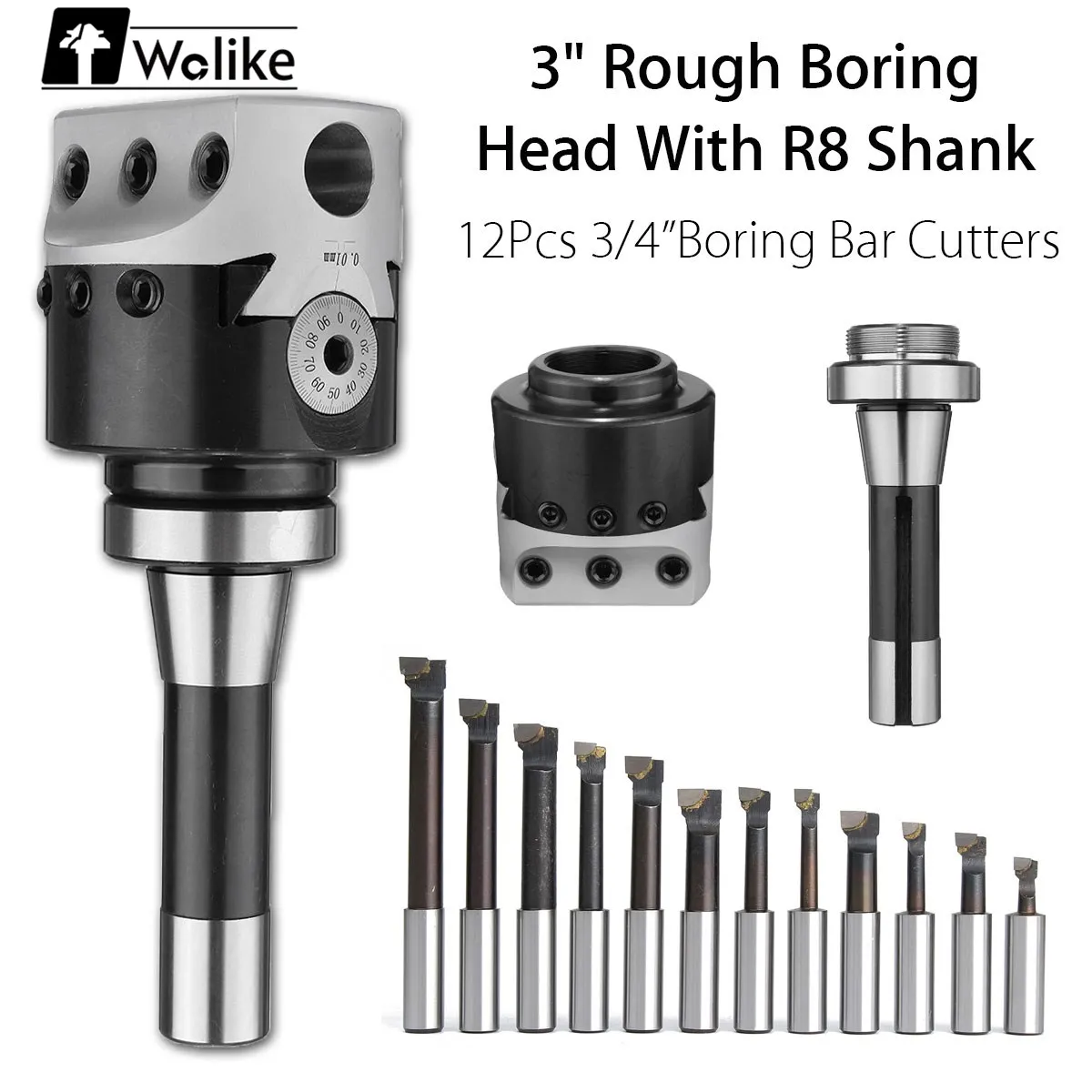 

Wolike 3" Rough Boring Head with R8 Shank 12Pcs 3/4" Boring Bar Cutters Set For Milling Machine Accessories