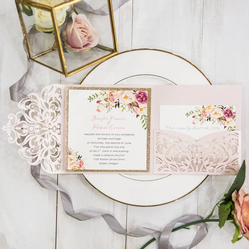 

Romantic Blush Pink Spring Flower Glittery Laser Cut Pocket Wedding Invitation Kits