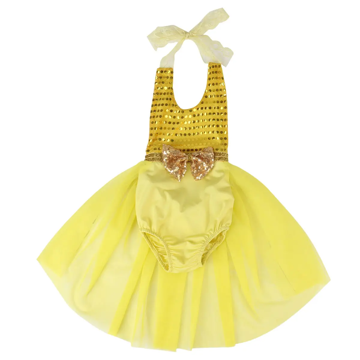 Новинка года; летняя милая детская одежда для девочки; модное Кружевное боди с лямкой на шее и блестками для малышей; вечерние платья; наряды - Цвет: Цвет: желтый
