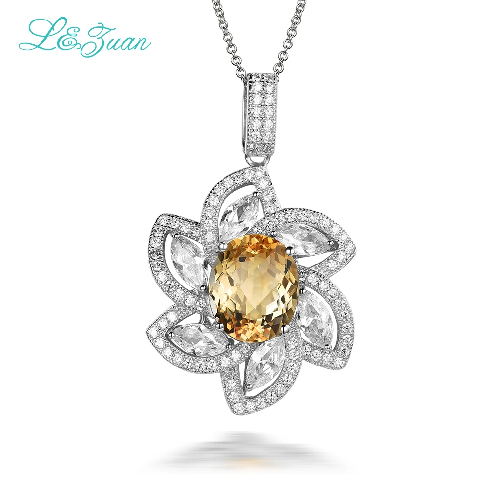

I&zuan 925 Silver Citrine woman Pendant Necklaces Trendy 4.57ct Flower Natural Gemstones Sweater chain Fine Jewelry