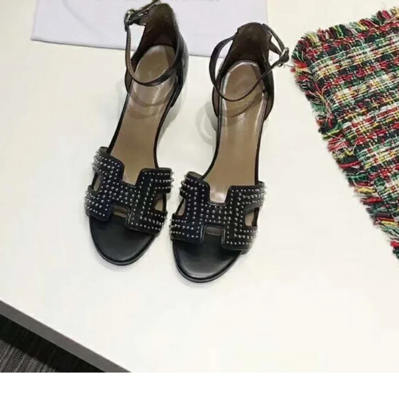 BANGNI  FAMILY   dermis rivet Women Sandals    Wedge Sandals Summer Ankle Strap Med Heel Platform  Shoes   H The shape of sandal