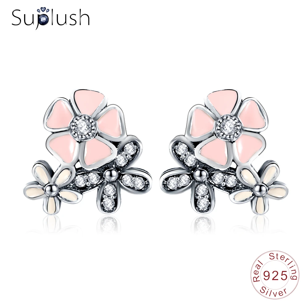 

Suplush Authentic 925 Sterling Silver CZ Pink Engagement Stud Earrings For Women Ladies Christmas Earrings Jewelry PSER0048-B