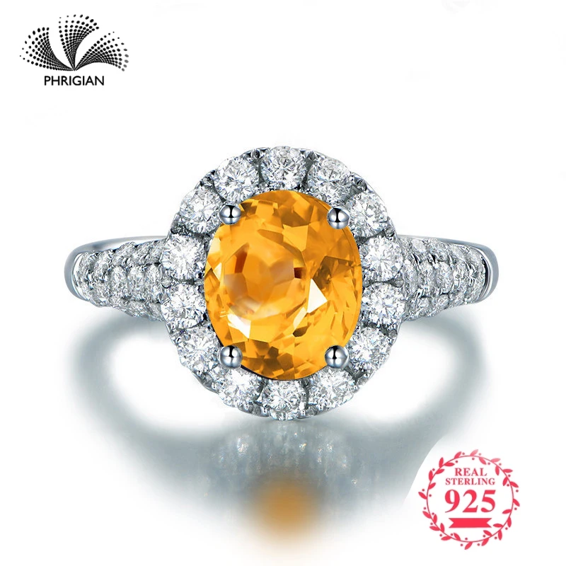 

NOT FAKE Fine natural Engraving Sterling silver gemstone oval cut ring Women custom jewelry 925 carat Yellow Citrine RING