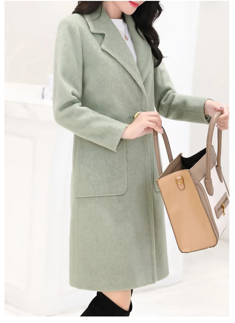 Новое модное длинное зимнее пальто женская одежда 5 однотонных цветов с отложным большим карманом длинное пальто M-3XL размера плюс шерстяное Женское пальто