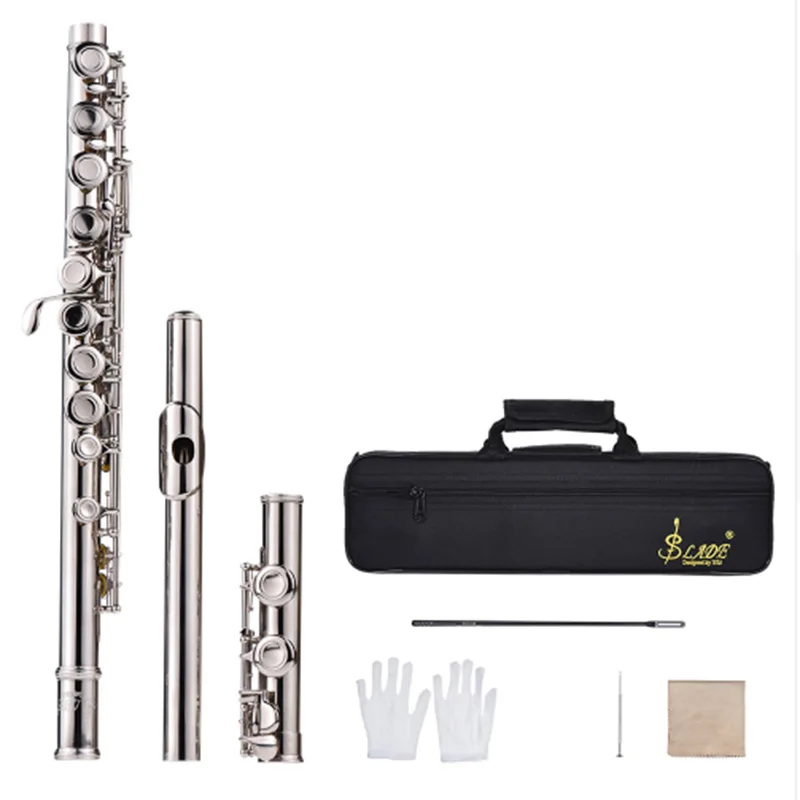 

16 Holes C Key Flute Cupronickel Silver Plated Concert Flute with Cleaning Cloth Stick Gloves Screwdriver Padded Bag