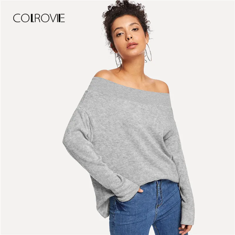 Buy COLROVIE Grey Off The Shoulder Solid Casual Jumper