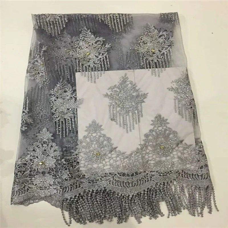 

High Quality Guipure Macrame Nigerian Lace Fabrics African Grey Embroidery Tulle Net Lace Fabric With Rhinestones X830-2
