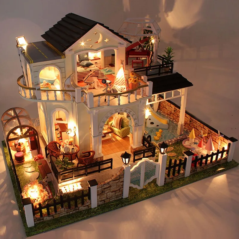 

Hoomeda Hnadmake DIY Wood Dollhouse Miniature With LED Furniture Cover Music Happy Together Birthday Christmas Gift For Girl