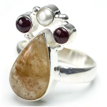 

StarGems(tm) Natural Calcite,River Pearl And Amethyst Unique Design 925 Sterling Silver Ring US Size 7.75