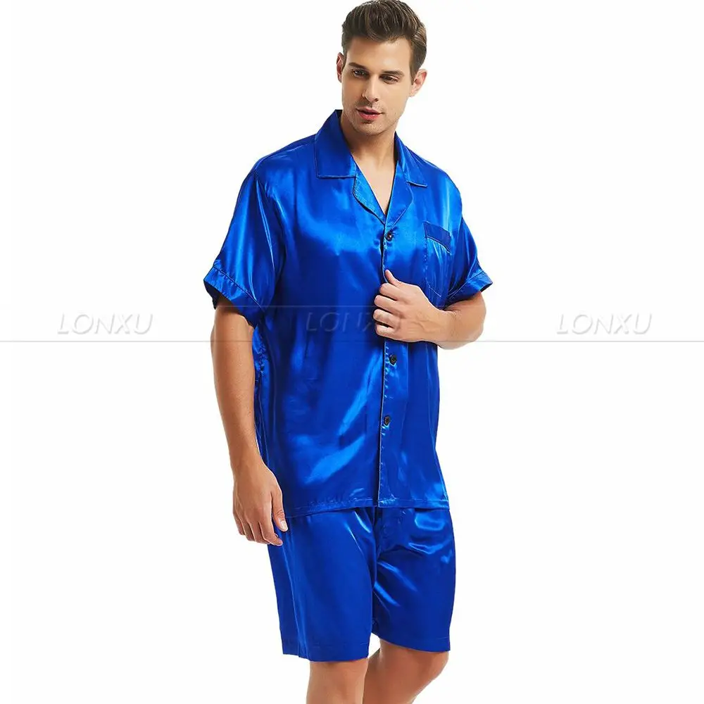 Mens Silk Satin Pajamas Pyjamas PJS Short Set Sleepwear Loungewear S,M,L,XL,2XL,3XL,4XL in Men