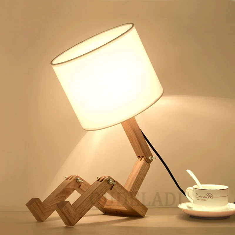 

Robot Shape Wooden Table Lamp E27 Lamp Holder 110-240V Modern Cloth Art Wood Desk Table Lamp Parlor Indoor Study Night Light