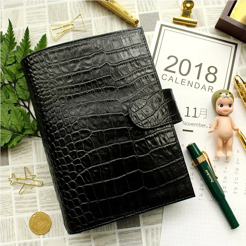 

Yiwi Black Genuine Leather Rings Notebook 19.2x13.5cm Personal/A6 Diary Planner Handmade Agenda Organizer With Money Pocket