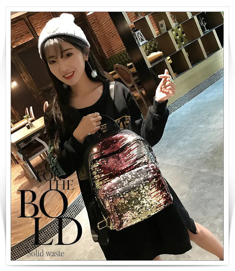 MJ Sequin Backpack Women Fashion Sequined PU Leather Backpack Travel Bag Female Shining Daypack for Teenage Girls (5)