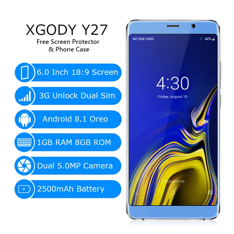 XGODY 3g двухъядерный смартфон с sim-картой 6 дюймов 18:9 полноэкранный мобильный телефон Android 8,1 четырехъядерный 1 Гб + 8 Гб gps WiFi 5MP мобильный телефон