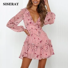 Sexy Deep V Lace Up Back Frill Dress Women Boho Floral Print Skater Dress Mini Ladies Summer Dress Long Sleeve Chiffon Dresses