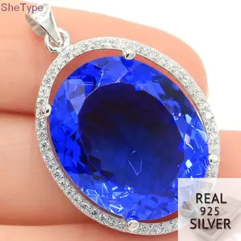 

SheType Big Oval Gemstone 22x18mm 12.1g Rich Blue Violet Tanzanite CZ Real 925 Solid Sterling Silver Pendant 35x23mm