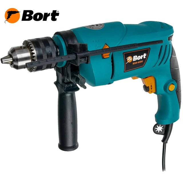 Дрель ударная Bort BSM-650U (Мощность 650 Вт, 3000 об/мин холостого хода, регулировка скорости, ключевой тип патрона, глубина пропила дерева до 25 мм, реверс)