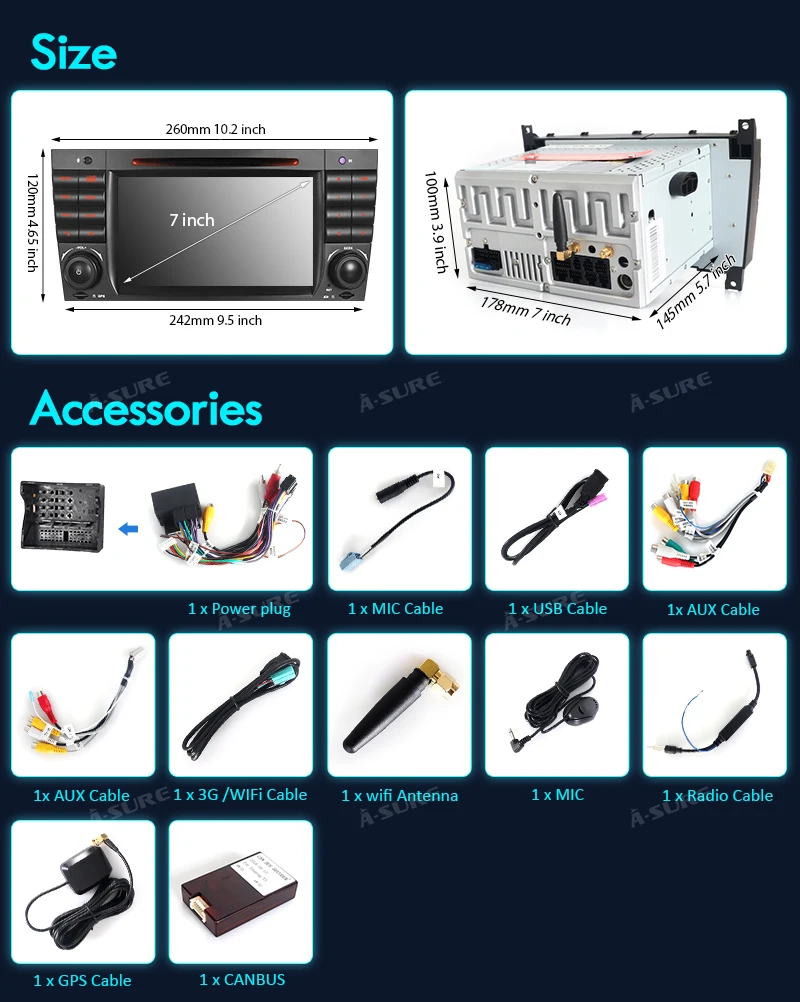 Sale A-Sure 2 Din Android 8.0 Auto Radio GPS DVD Player Navigation For Mercedes Benz C Class W2019 W209 AMG CLK CLC WIFI 4G BT DAB+ 27