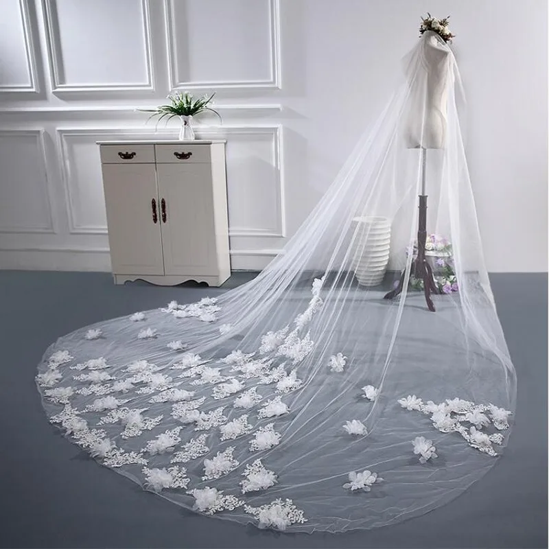 Bridal Veils 3m Cathedral Long Bride Veil Lace Wedding Bridal Veil 3 Meters Bridal Veils With Appliques Edge