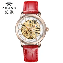 Automatic Mechanical Watches Women red Skeletal relogios Luxury Famous Brand of Genuine leather strap Watch Sapphire Bracelet