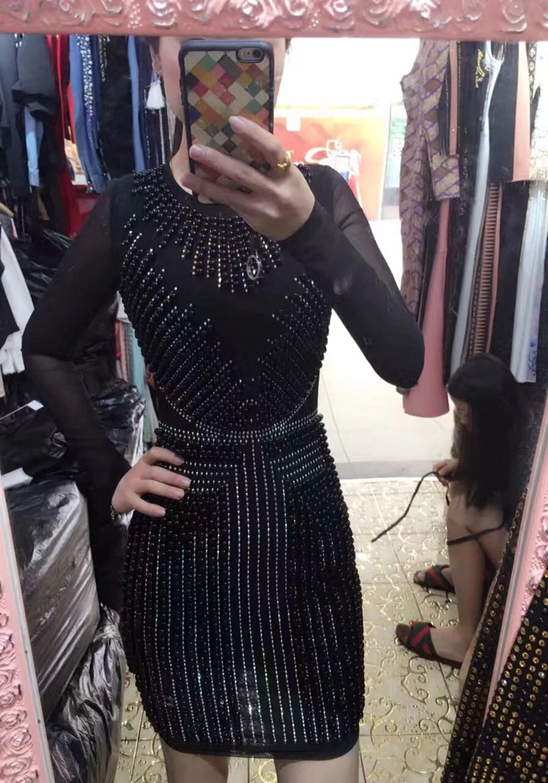 Herve Leger Babe мини Для женщин Vestido Роскошный Черный Кристалл Бисер платье Бандажное