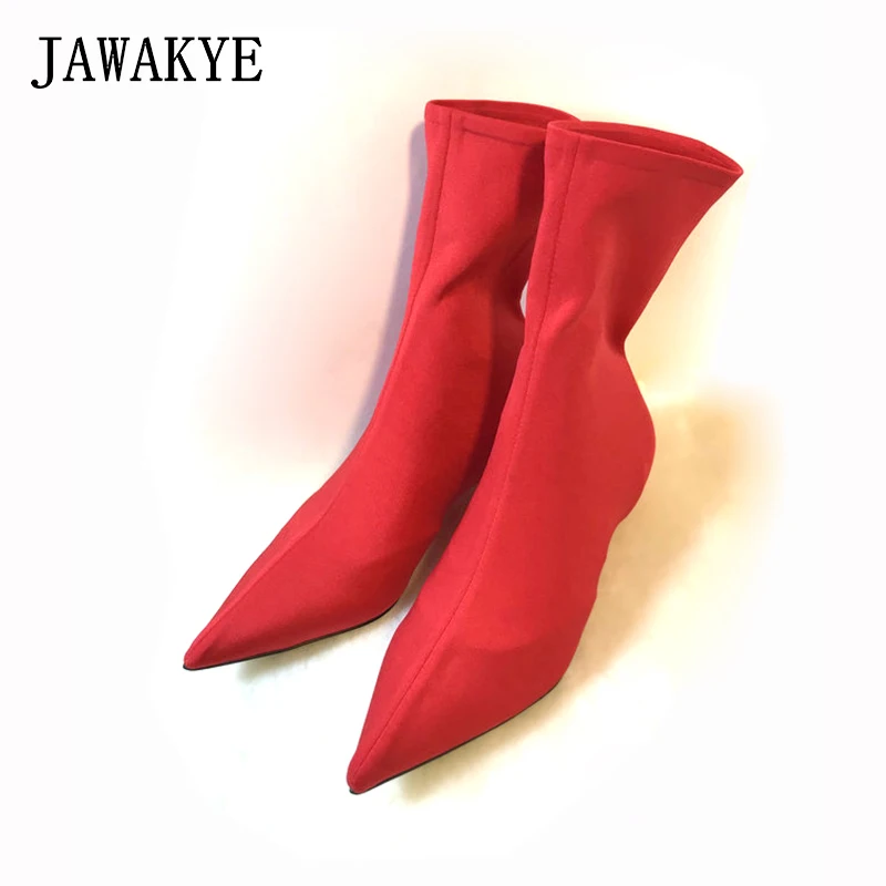 

New Elastic Sock Ankle boots women Candy Color Kitten heels point toe Shoes Autumn Stretch Fabric runway Sock Boots for Women