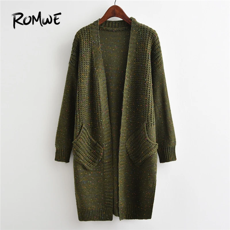

ROMWE Green Space Dye Drop Shoulder Slit Side Cardigan Women Casual Spring Fall Cocoon Long Sleeve Split Pocket Longline Sweater