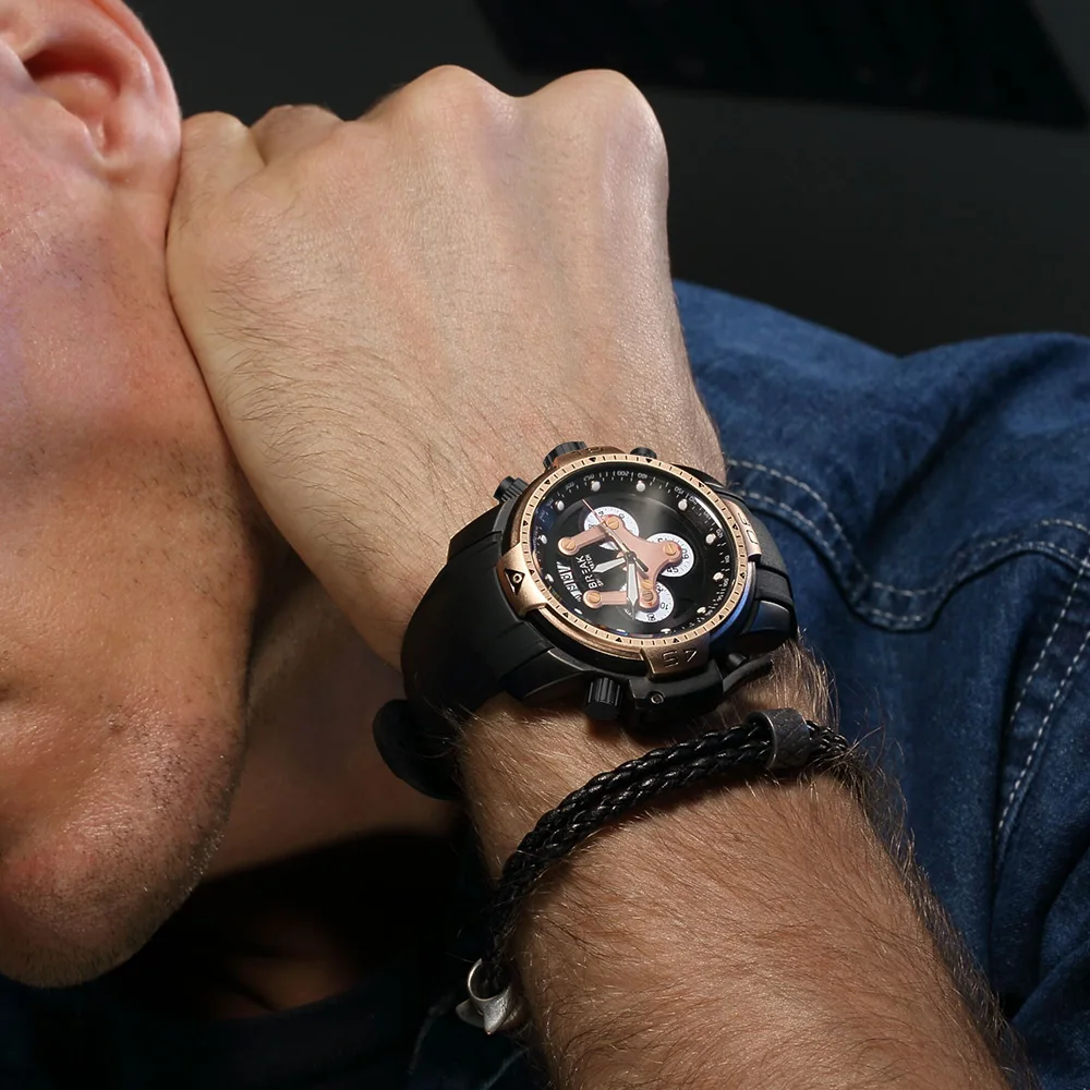 Роскошные Брендовые мужские Уникальные Модные Кварцевые спортивные наручные часы с резиновым ремешком, водонепроницаемые армейские часы с хронографом и календарем