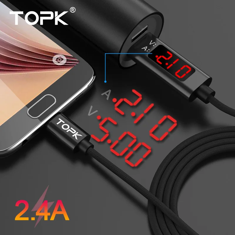 TOPK 3A(Max) Voltage and Current Display Nylon Braided Aluminum Casing Micro USB Cable For Samsung Xiaomi Huawei HTC TOPK 3A(Max) Voltage and Current Display Nylon Braided Aluminum Casing Micro USB Cable For Samsung Xiaomi Huawei HTC