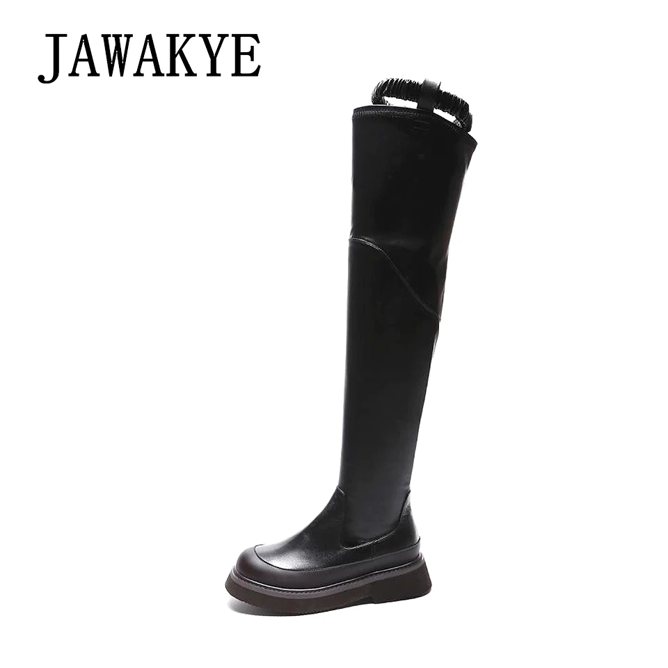 

Black genuine leather thigh High Boots for Women Round toe patchwork Elastic Square Flat heel Gladiator long boots Chelsea boots