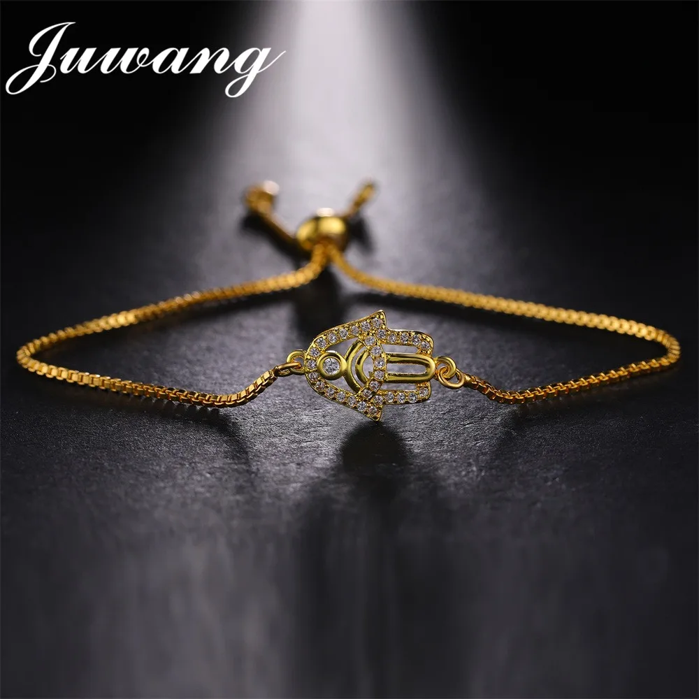 

JUWANG Good Luck Turkey Evil Eye CZ Hamsa Charm Bracelet Fatima Hand Symbol CZ Adjustable Gold Color Chain Jewelry Gift